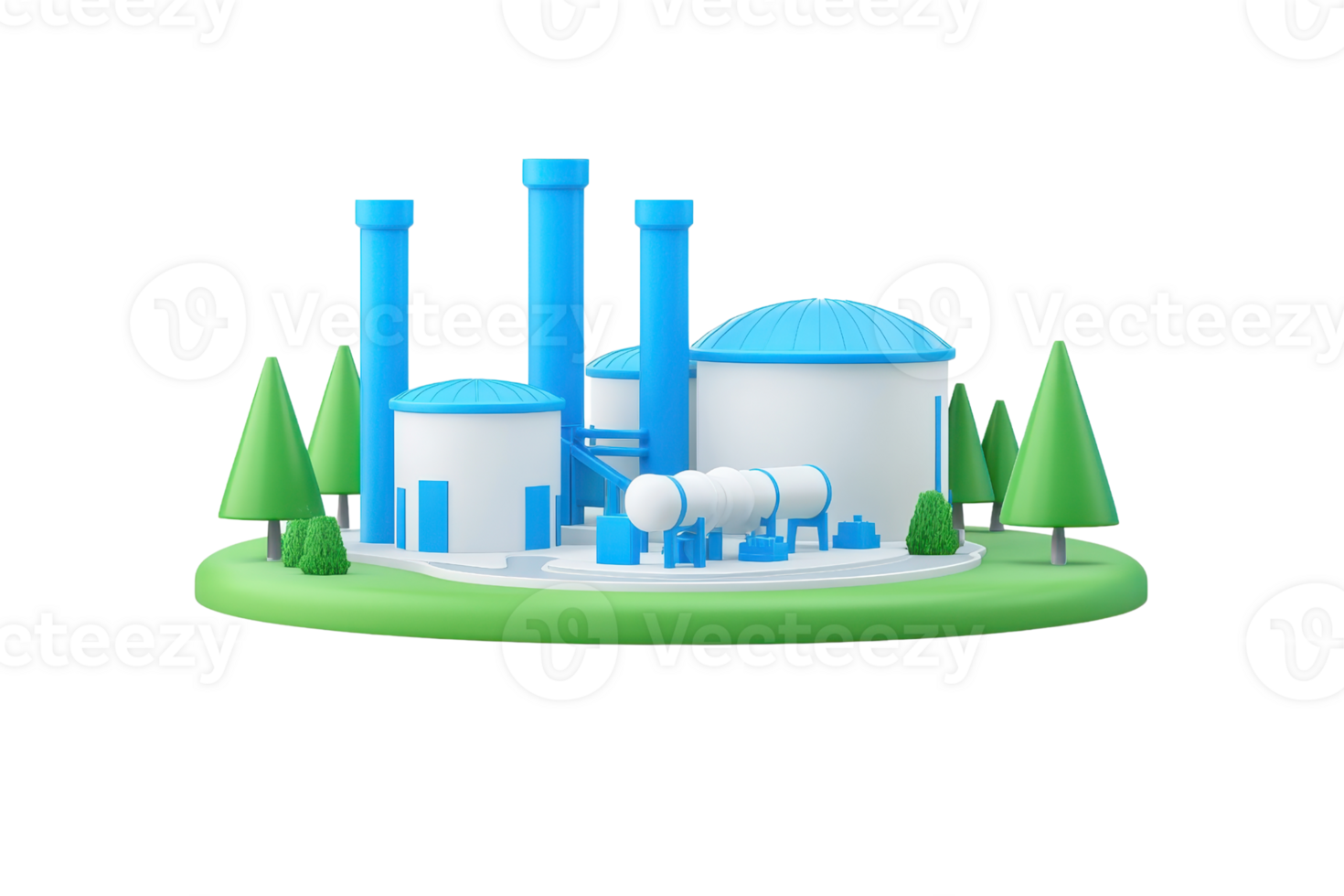 A colorful, stylized power plant featuring cylindrical smokestacks, storage tanks, and green trees. png