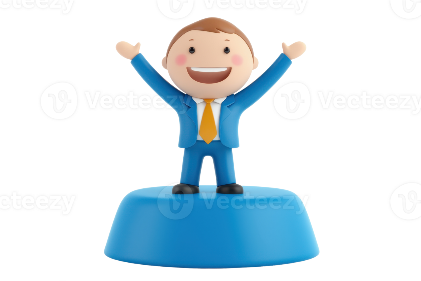A cheerful figurine of a businessman in a blue suit with a yellow tie, standing on a blue base, arms raised in celebration. png
