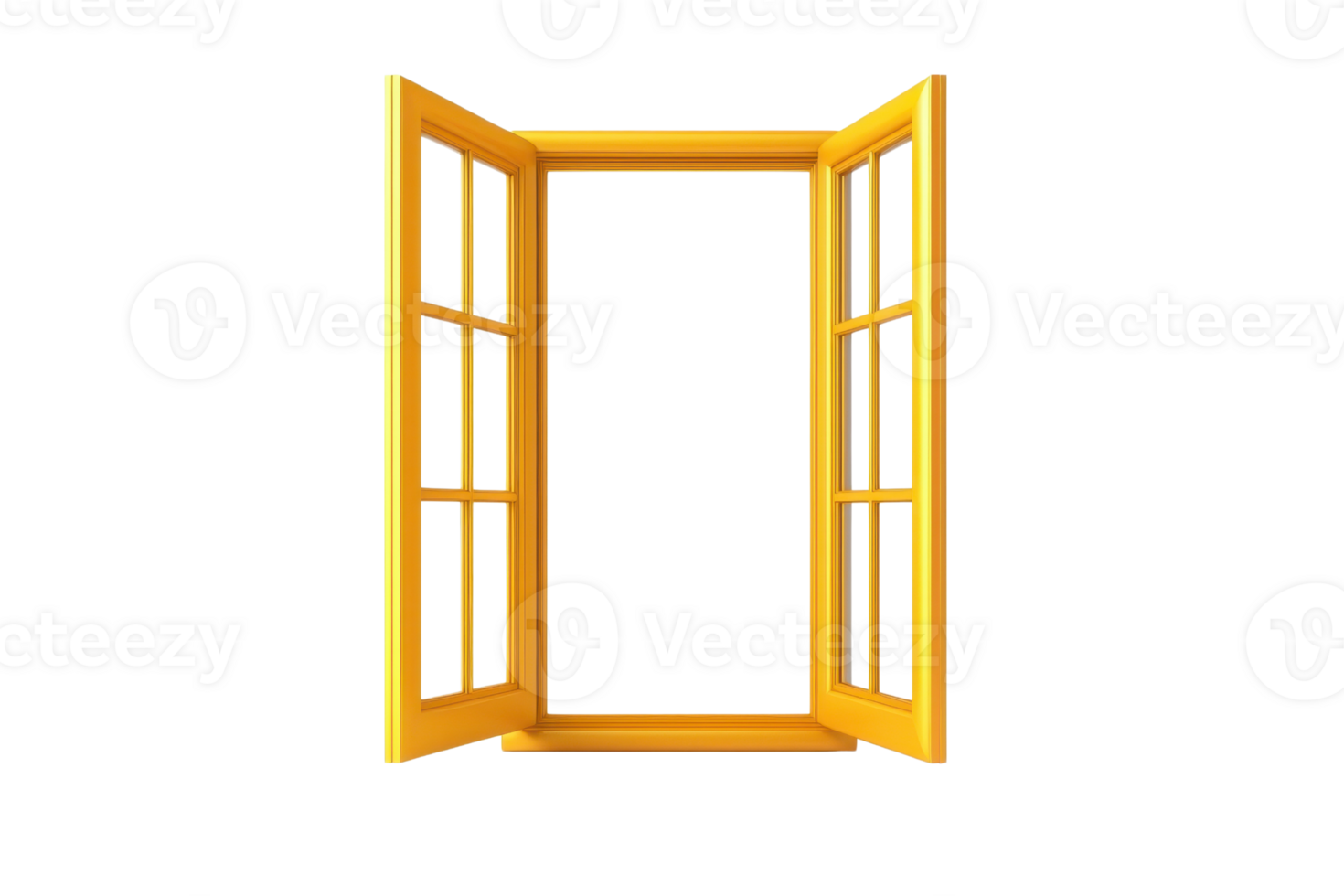 A bright yellow window with open shutters, showcasing a symmetrical design and a vibrant color. png