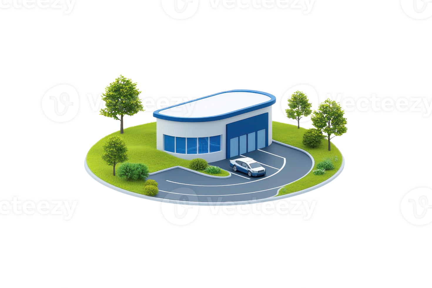 A modern building with a curved roof, featuring large windows and a driveway, surrounded by greenery. png