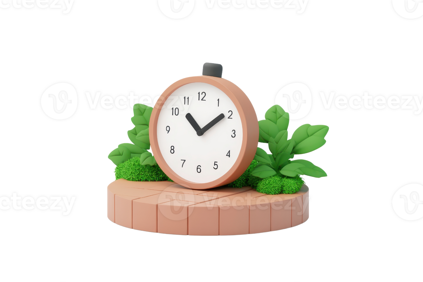 A round clock with a white face and black numbers, surrounded by green leaves, set on a circular wooden base. png
