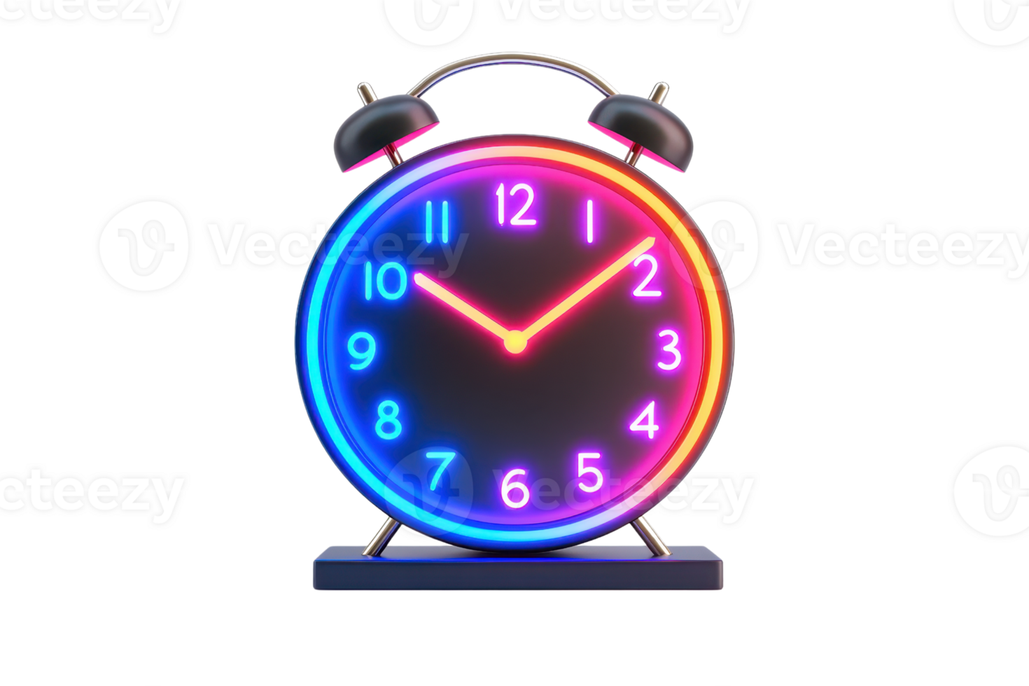 A colorful, neon alarm clock with vibrant numbers and hands displaying the time. png