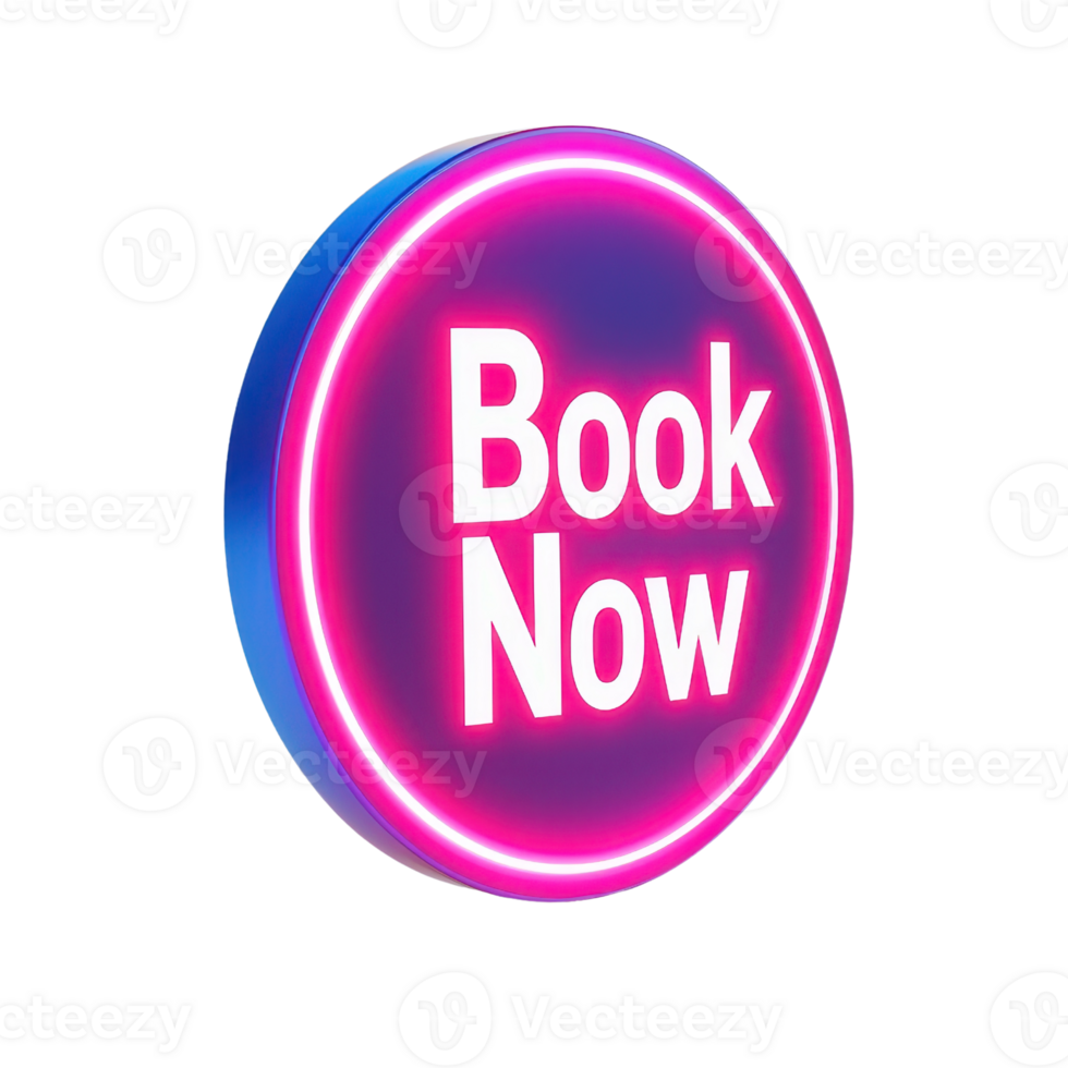 A bright, circular neon sign displaying the phrase Book Now with a vibrant pink glow. png