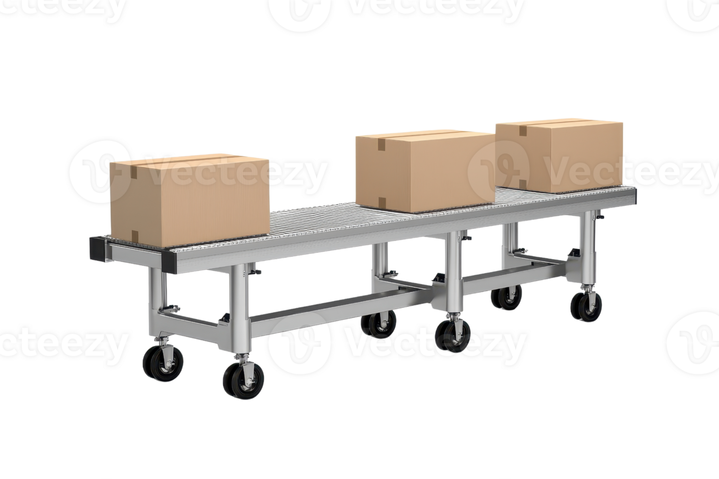 A metallic conveyor with three cardboard boxes positioned on top, designed for transporting goods efficiently. png