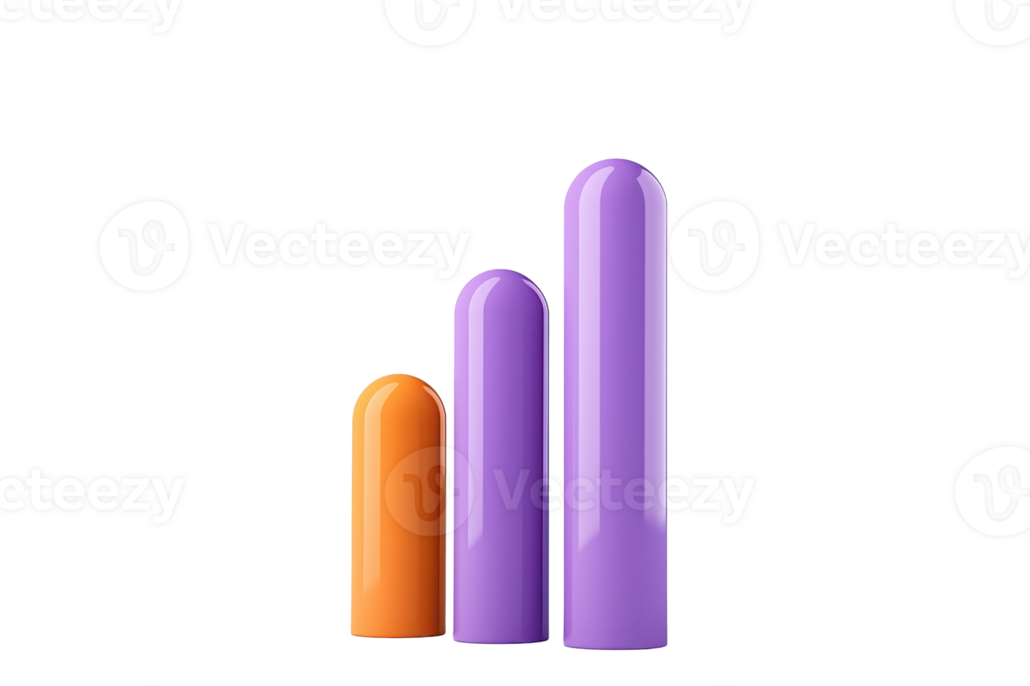 Three colorful cylindrical shapes in varying heights, showcasing a gradient from orange to purple. png