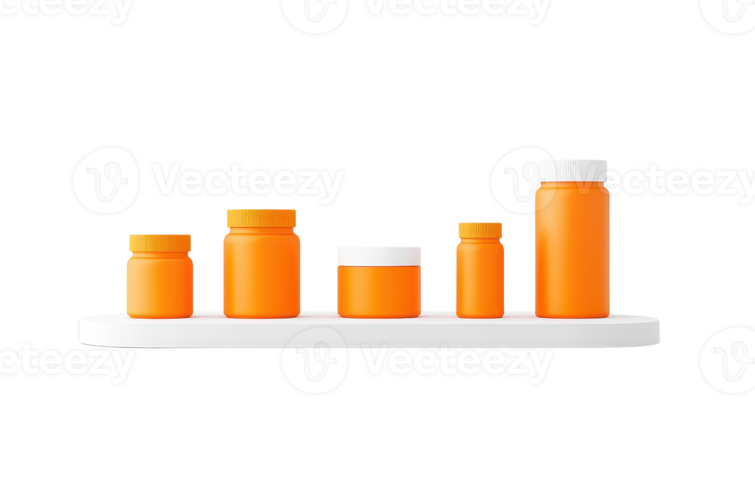A collection of orange containers of varying sizes, arranged neatly on a white shelf. png