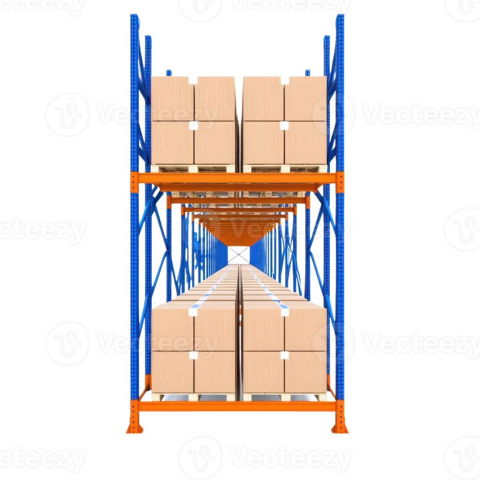 A shelving unit with stacked cardboard boxes organized neatly on multiple levels. png