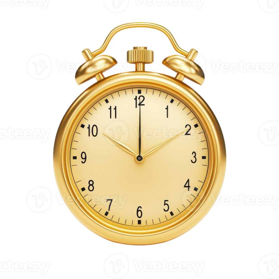 A vintage gold alarm clock with two bells on top and a classic face displaying numbers and hands. png