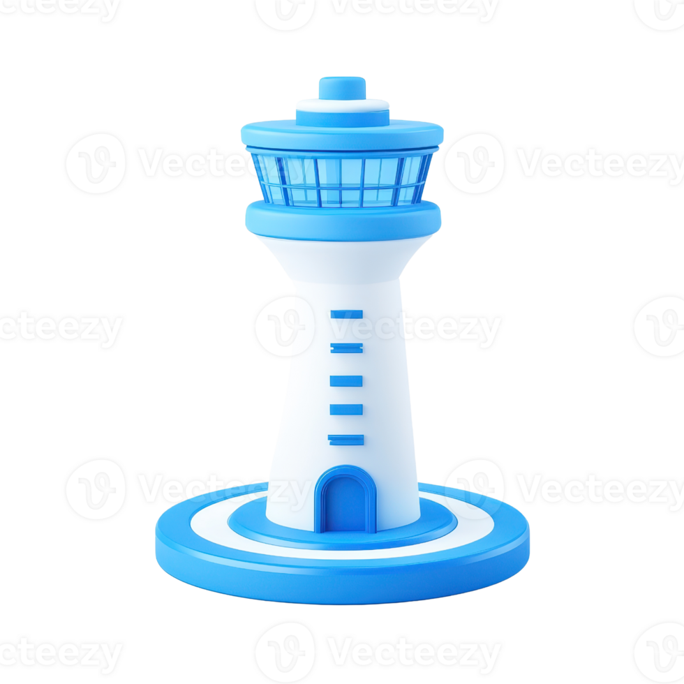 A blue and white lighthouse model featuring a circular base and a multi-tiered structure, designed for decorative or educational purposes. png