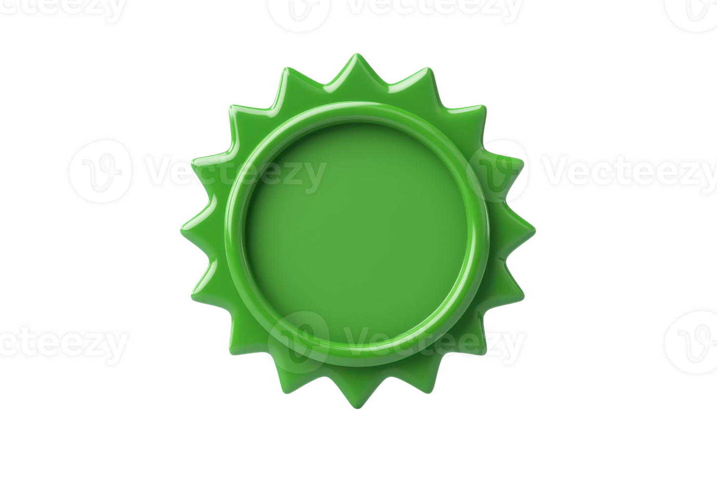 A vibrant green seal with a serrated edge, featuring a circular center designed for customization or branding. png