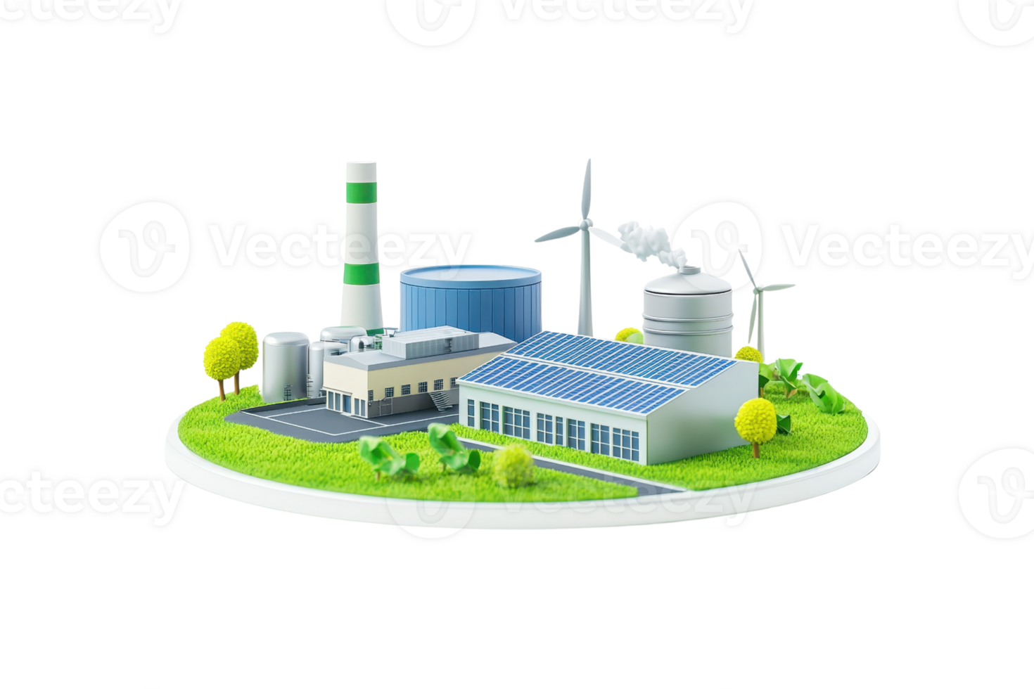 A model of an energy facility featuring solar panels, wind turbines, and a factory with a chimney, highlighting renewable energy sources. png