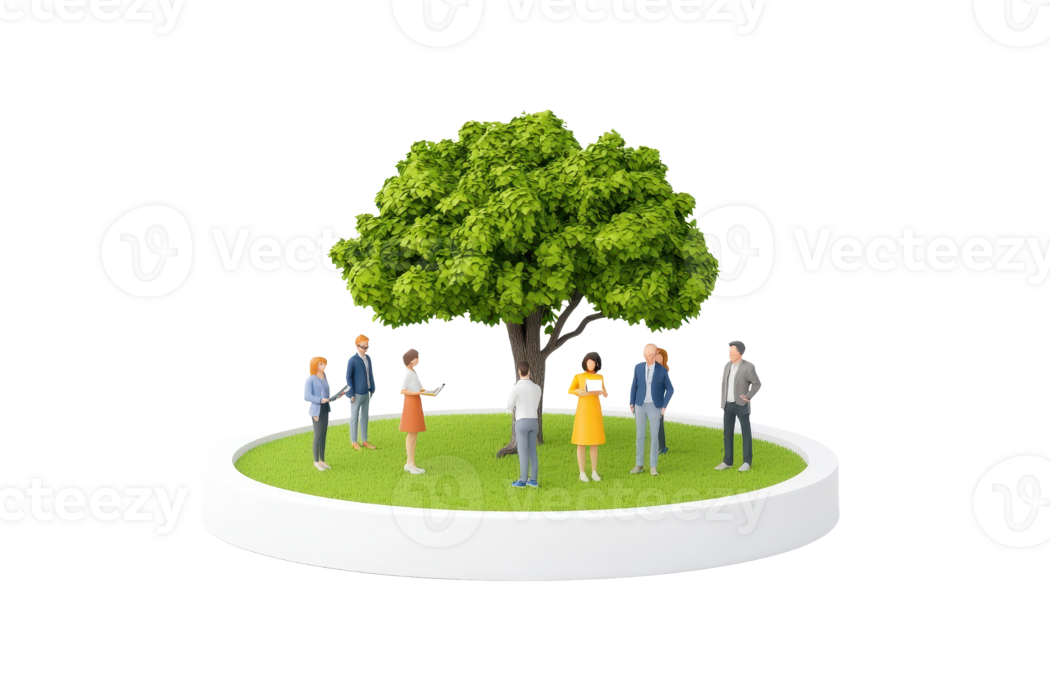 A group of diverse people gathered around a lush green tree on a circular platform, symbolizing community and connection. png