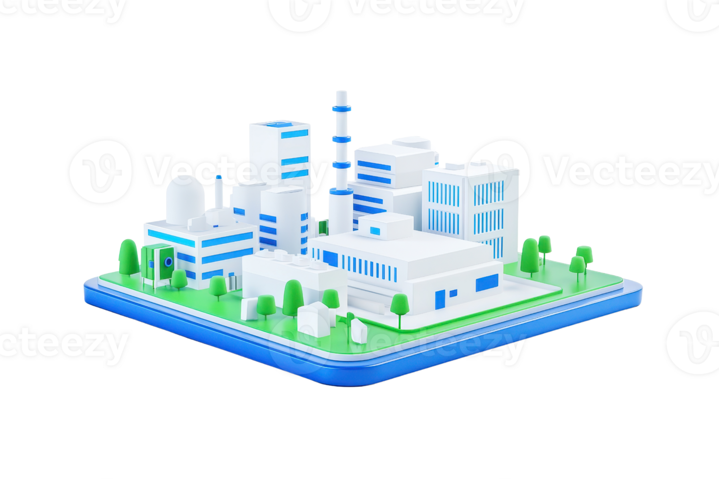 A miniature model of an industrial complex featuring buildings, a smokestack, and greenery, designed to represent a modern factory setting. png