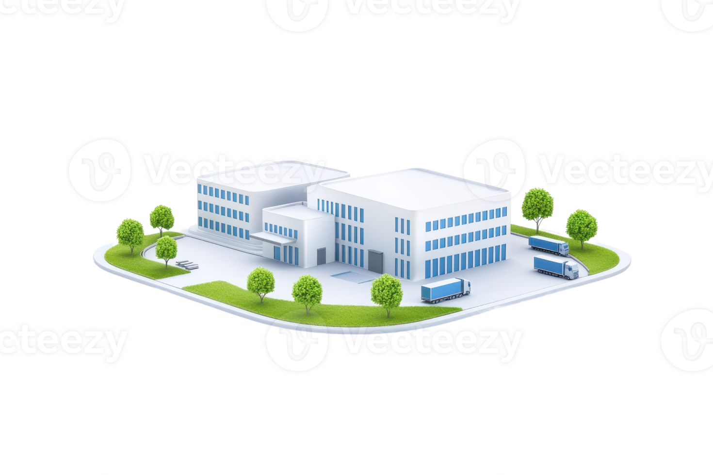 A modern building complex featuring multiple structures, greenery, and transportation elements, designed for functionality and aesthetics. png