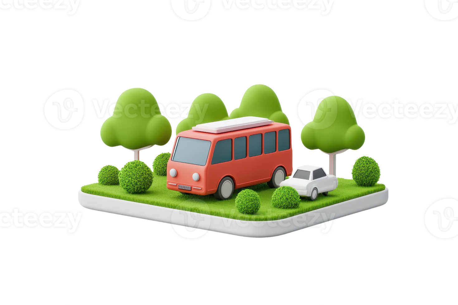 A colorful miniature scene featuring a red bus and a small car surrounded by green trees and bushes. png