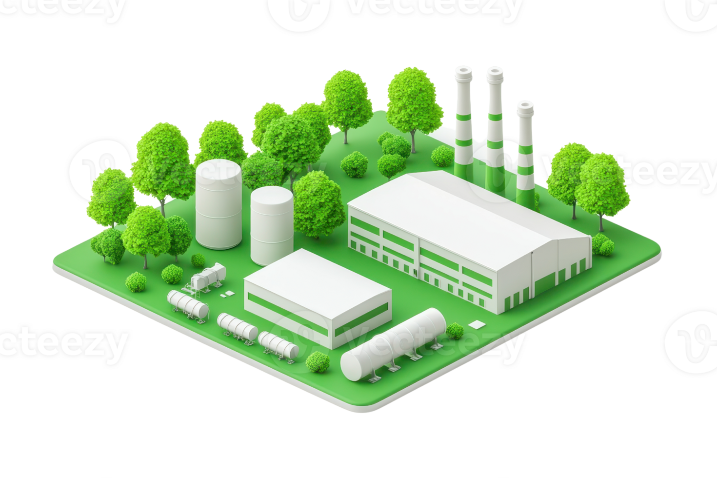 A simplified model of an energy facility featuring storage tanks, a building, and smokestacks, surrounded by green trees. png