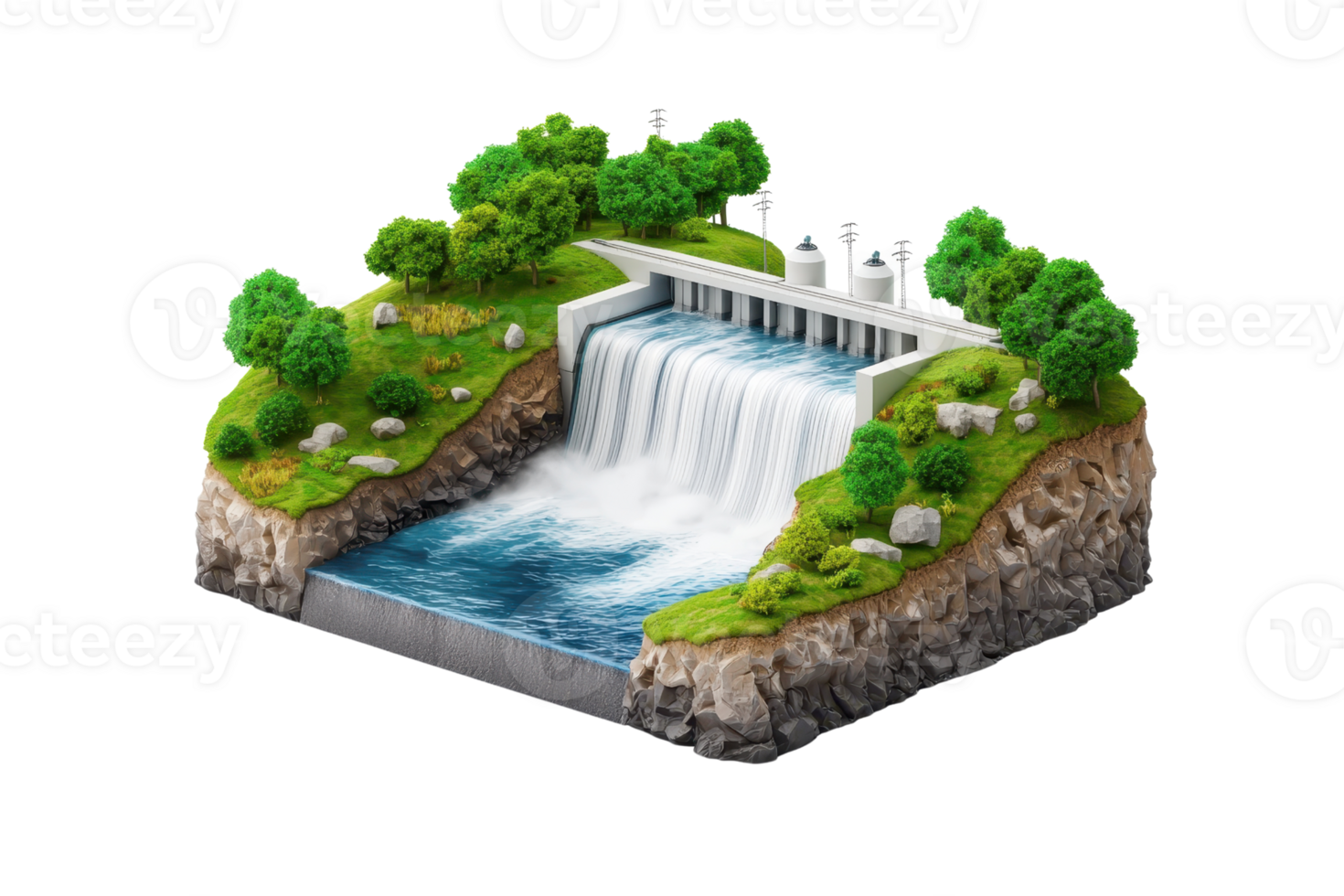 A detailed miniature model of a waterfall cascading down rocks, surrounded by lush green trees and a small dam structure. png