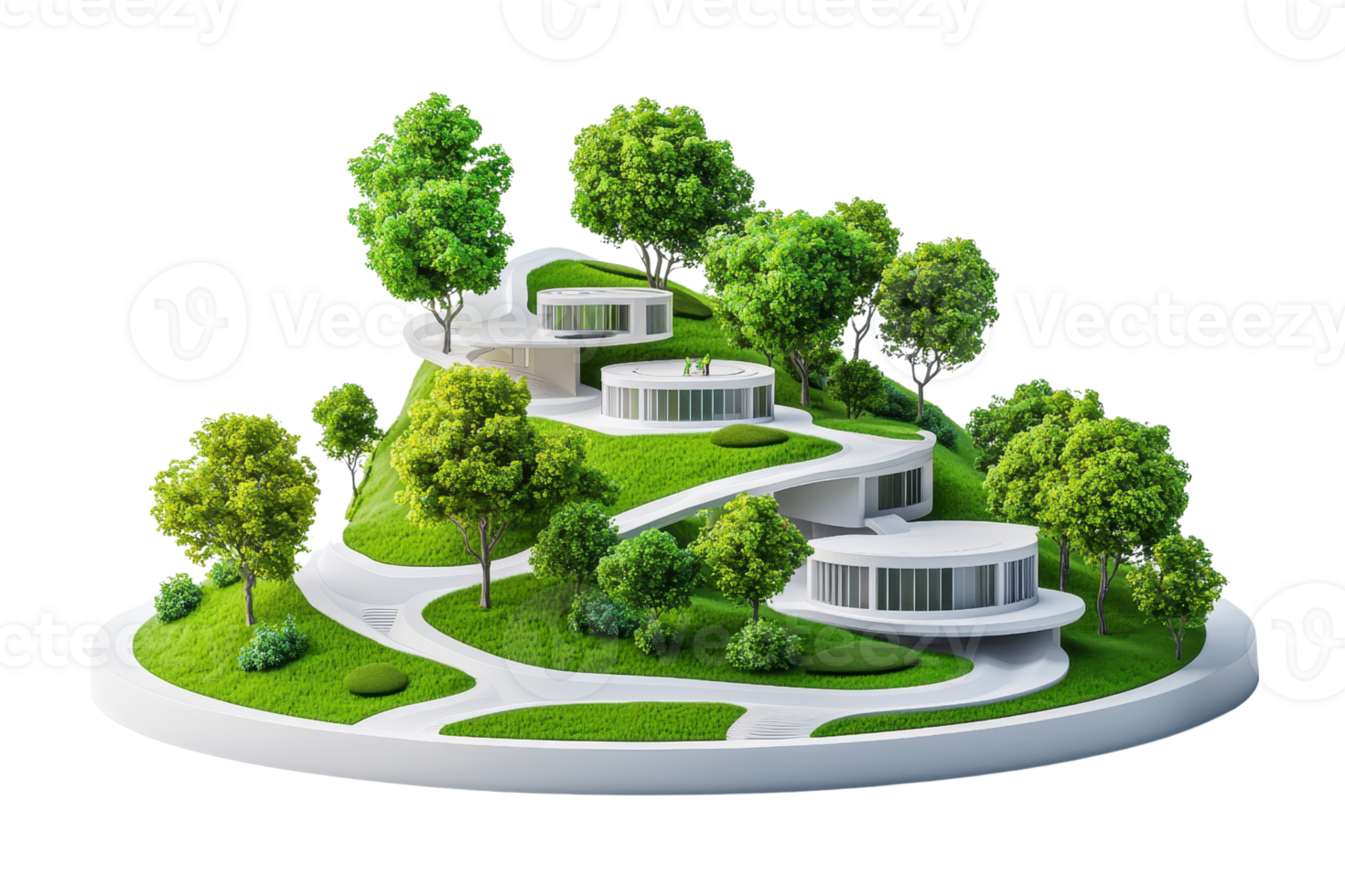 A modern architectural model featuring curved pathways and contemporary houses nestled among lush greenery and trees. png
