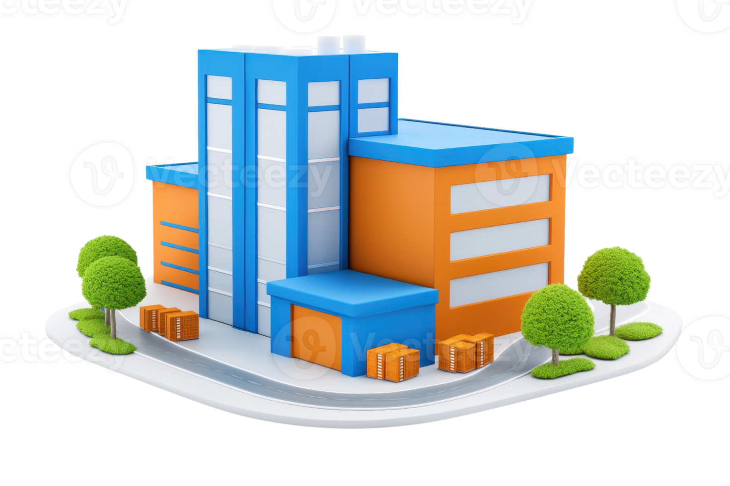 A colorful, modern building design featuring blue and orange elements with surrounding greenery and cargo boxes. png