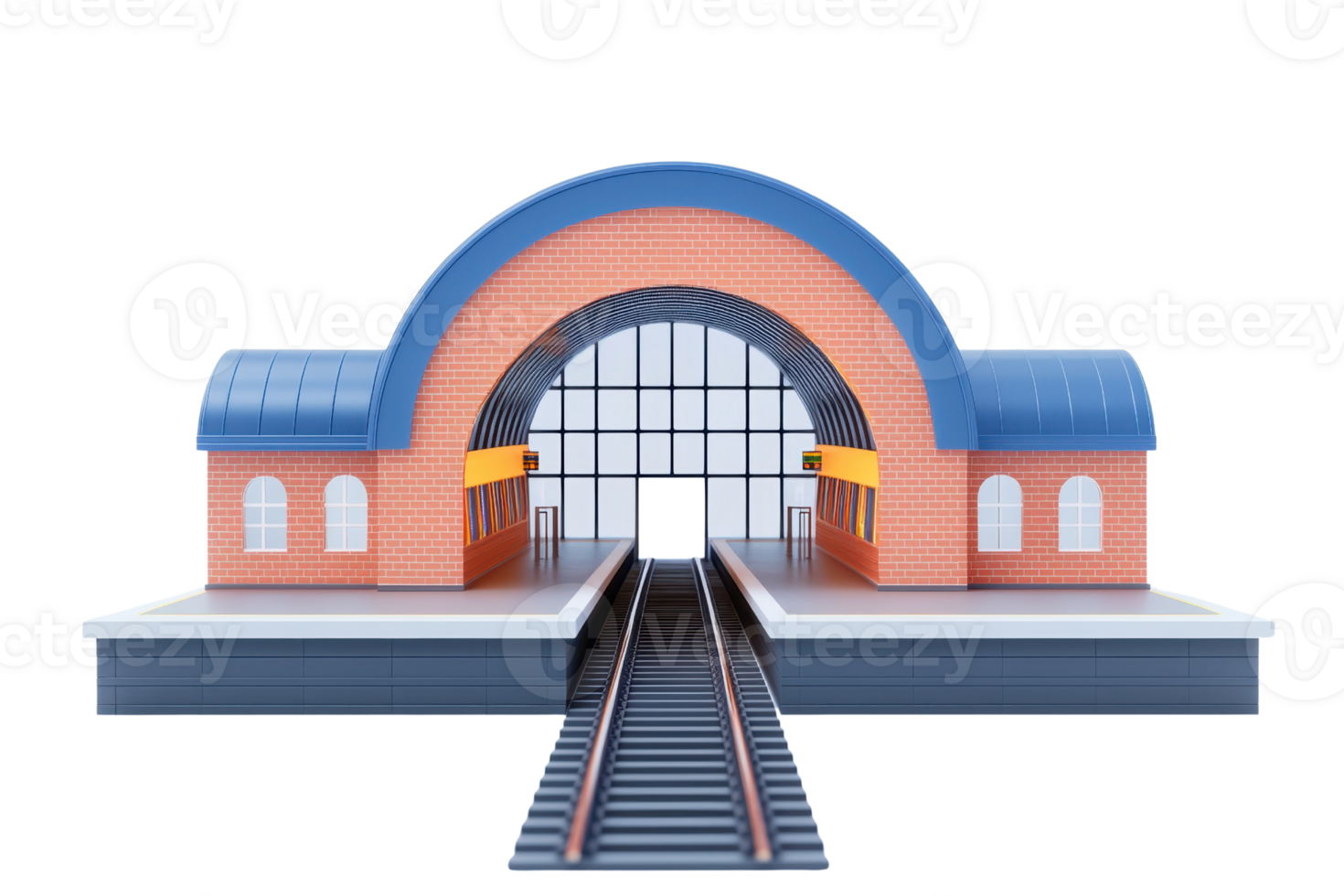 A colorful train station model featuring an arched roof, large windows, and tracks leading into the entrance. png