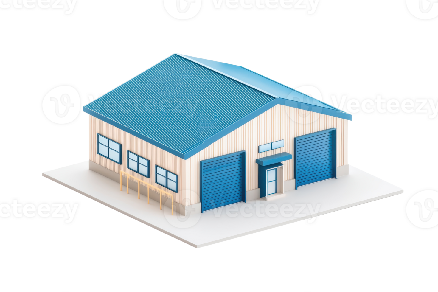 A small model of a building featuring a blue roof and garage doors, with detailed windows and a simplistic architectural design. png