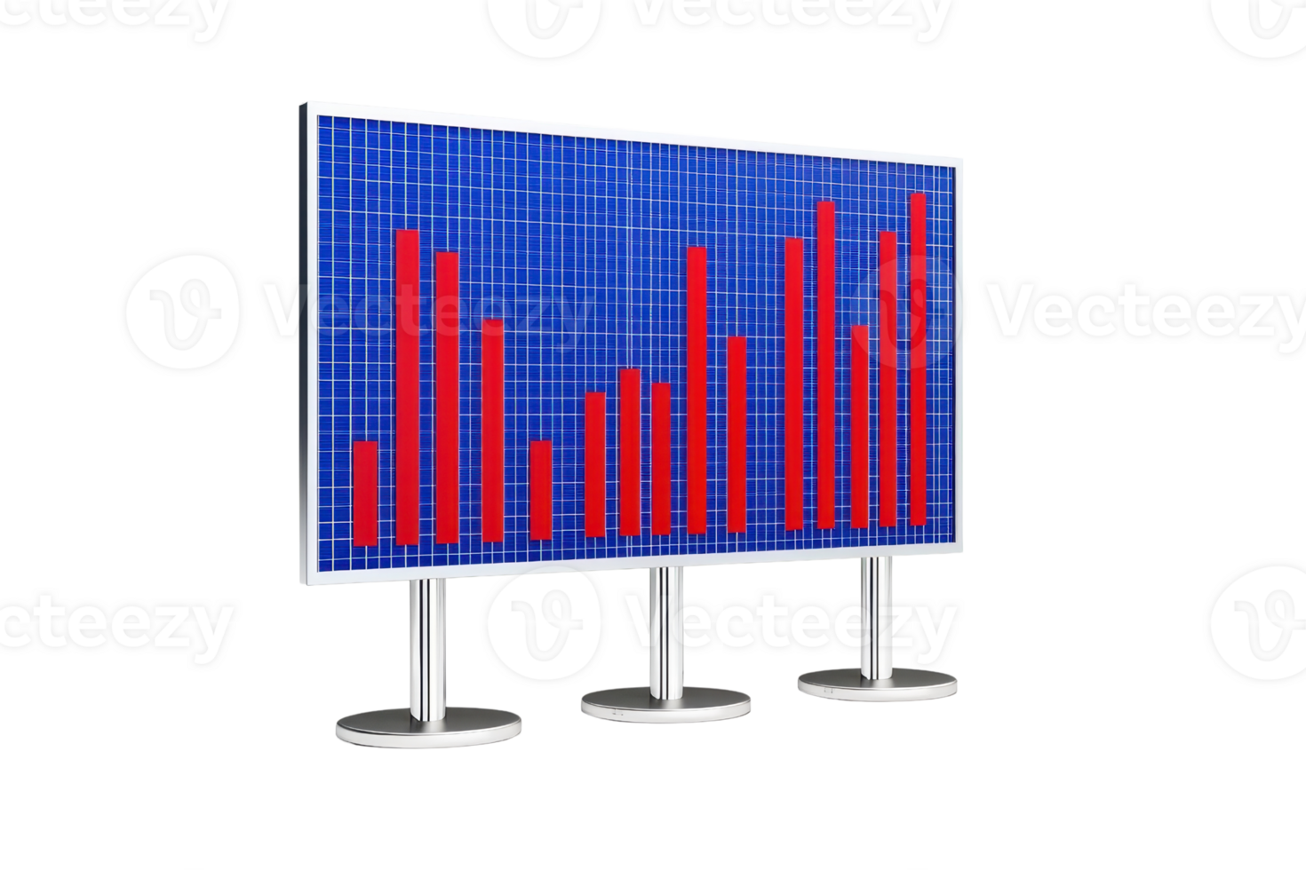A digital display screen shows a bar graph with red bars on a blue grid background, illustrating data trends. png