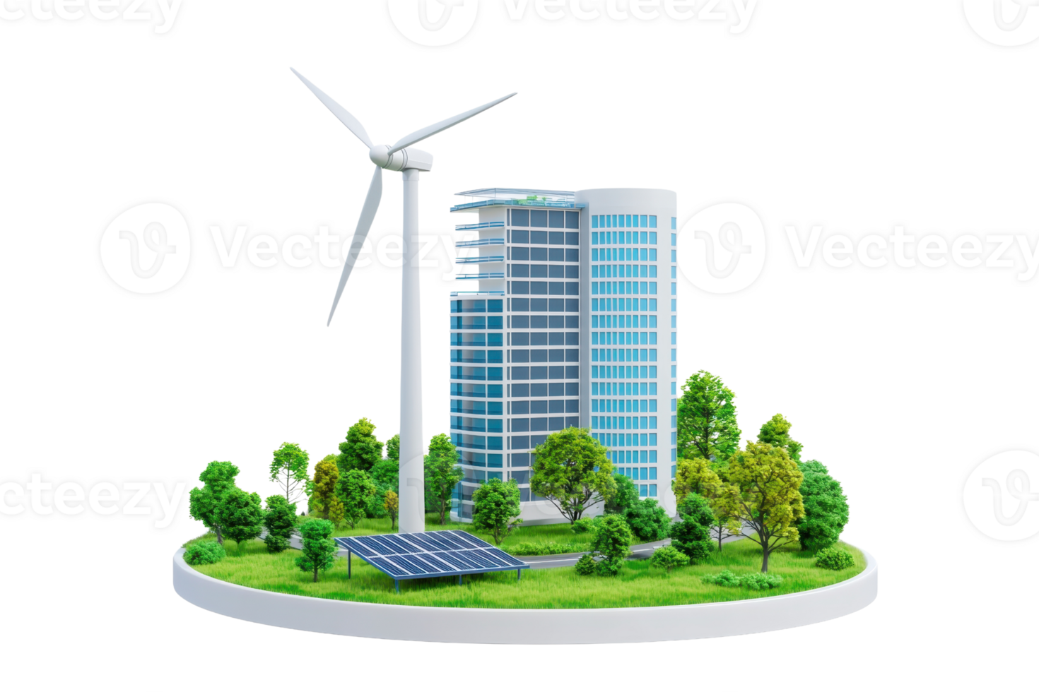 A modern eco-friendly building with a wind turbine and solar panels, surrounded by lush greenery. png