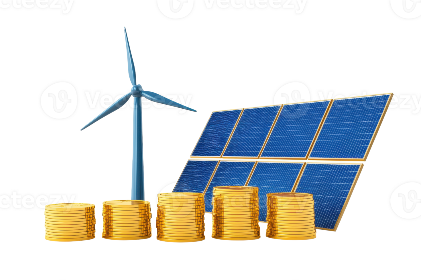 A wind turbine and solar panels are displayed alongside stacks of coins, symbolizing renewable energy and financial investment. png