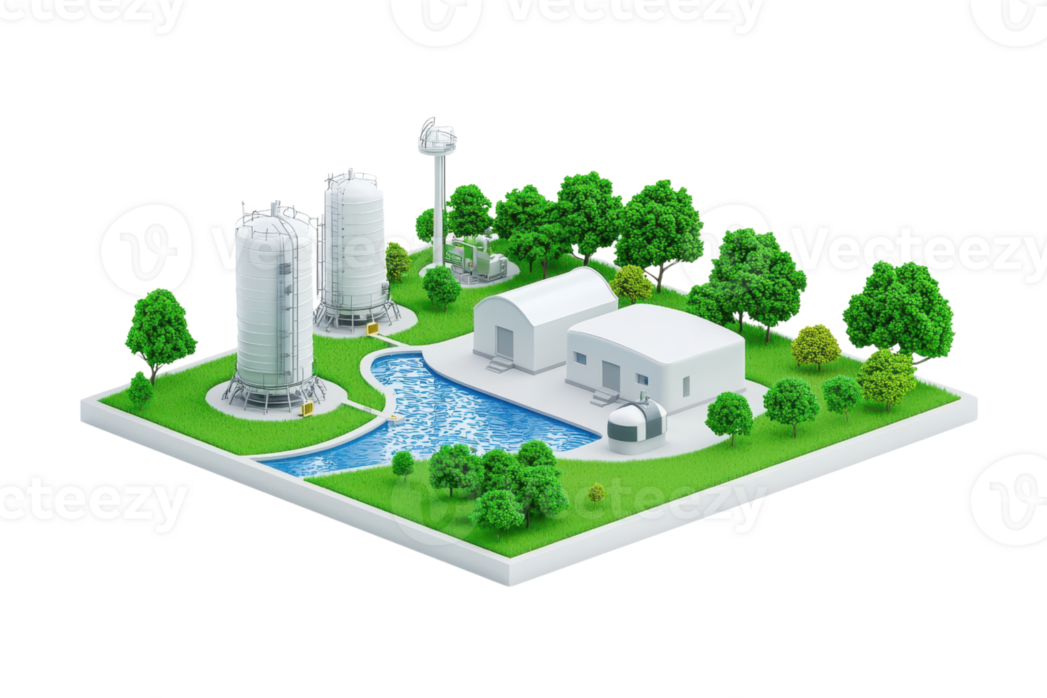 A miniature industrial scene featuring silos, a processing building, and trees surrounding a flowing water feature. png