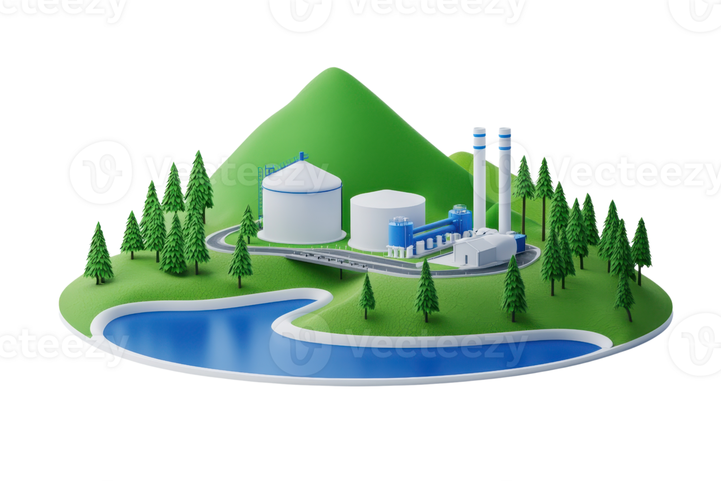 A miniature landscape featuring a factory, storage tanks, trees, and a river, all set against a green hill. png