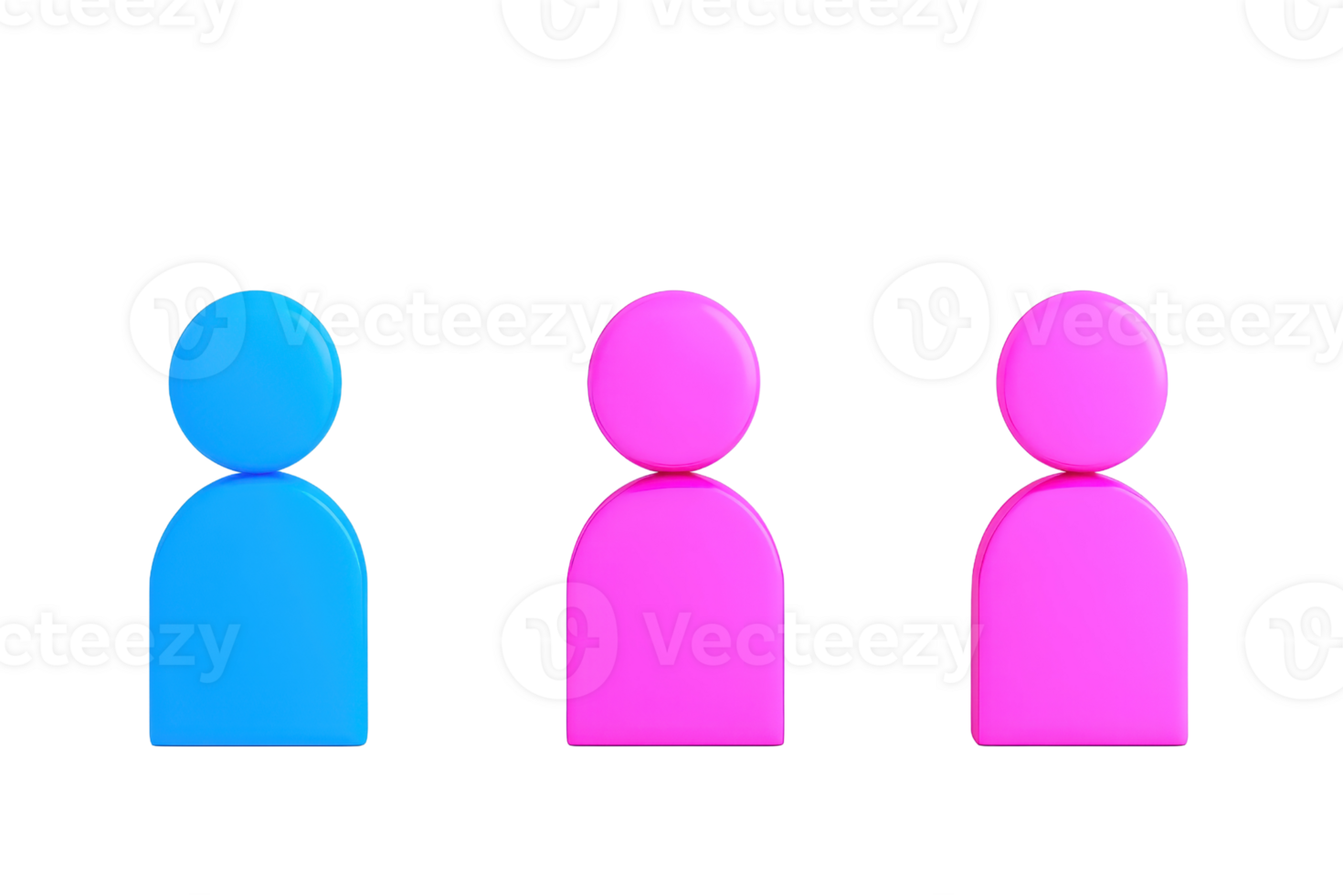 Three stylized figures in blue and pink, resembling simplistic human shapes, arranged in a row against a solid color. png