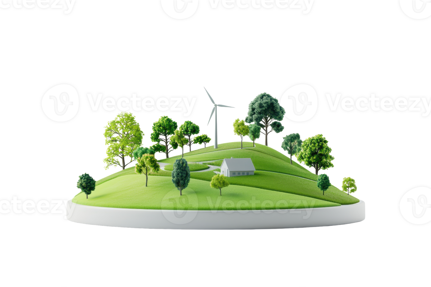 A miniature landscape featuring rolling hills, trees, and a wind turbine, representing a sustainable and eco-friendly environment. png