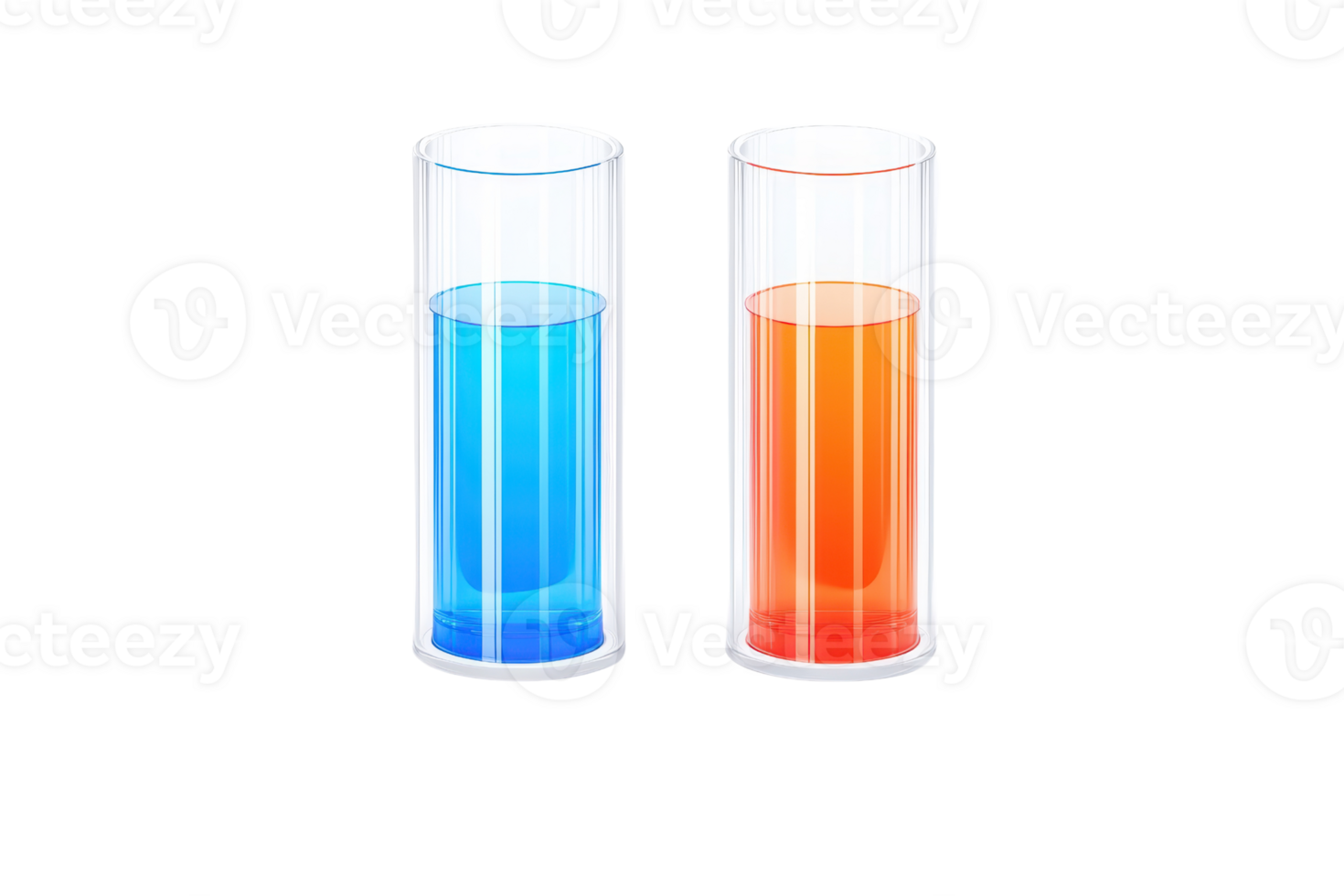 Two cylindrical containers filled with blue and orange liquids. png