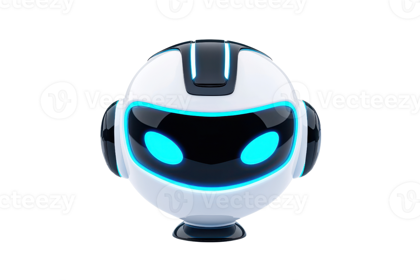 A futuristic robot head with glowing blue eyes and sleek design, showcasing advanced technology and a playful aesthetic. png