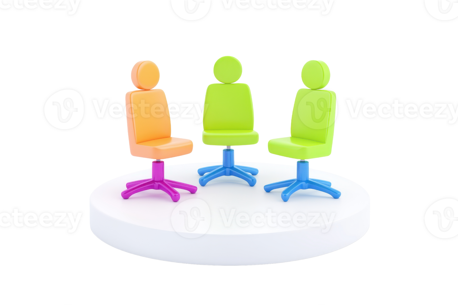 Colorful office chairs with playful designs, featuring rounded backs and wheels, arranged in a circular formation on a platform. png