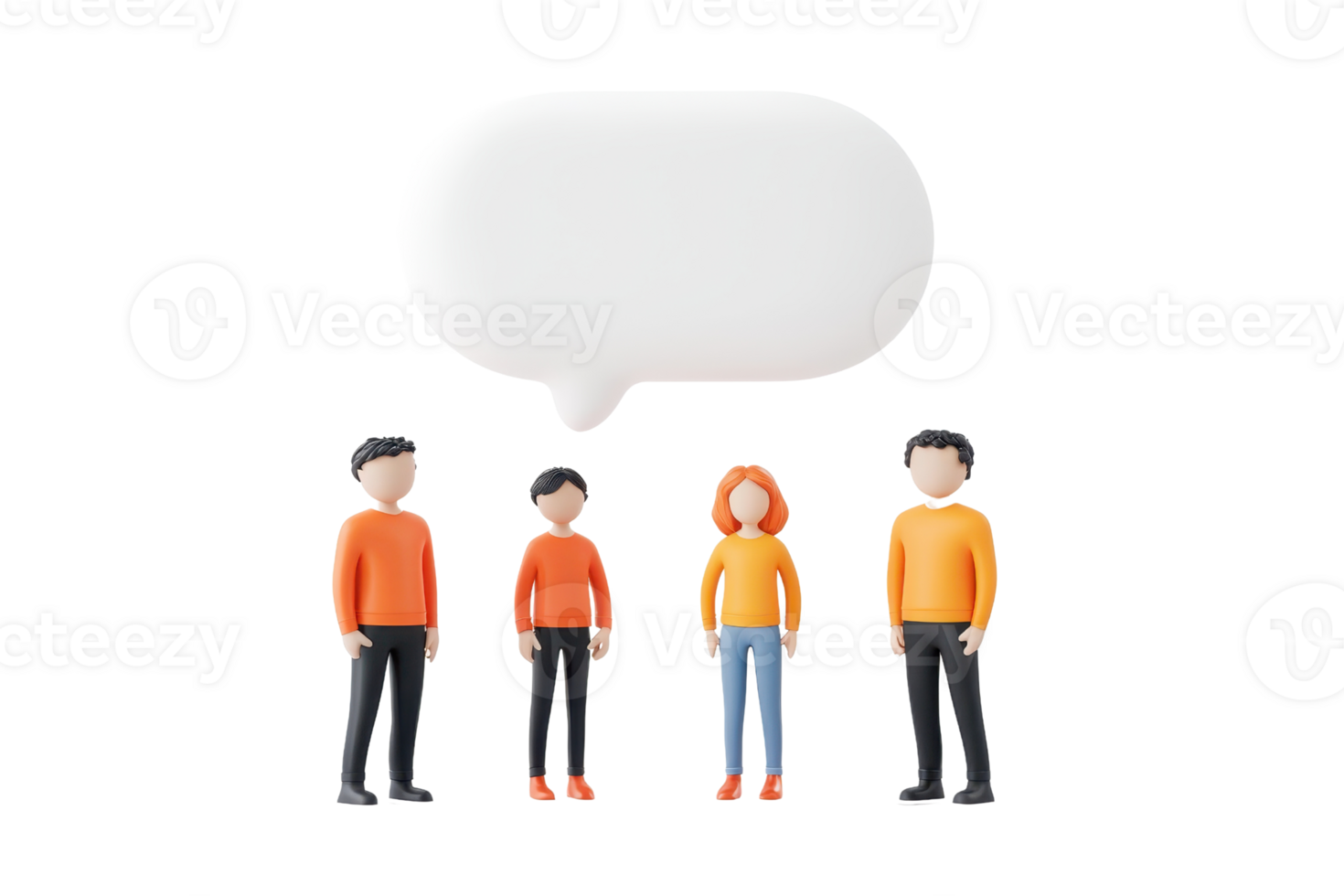 A group of four stylized figures engaged in conversation, with a speech bubble above them indicating dialogue or communication. png