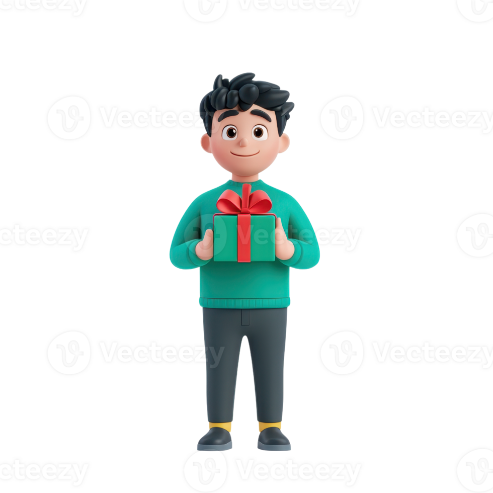 A cheerful young boy holds a gift box adorned with a red bow, dressed in a green sweater and gray pants. png
