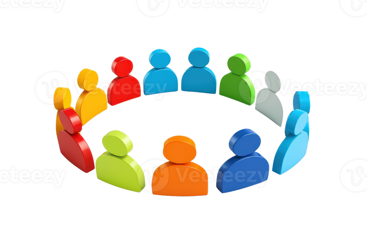 Colorful figurines arranged in a circular formation, representing a diverse group of people or community interaction. png