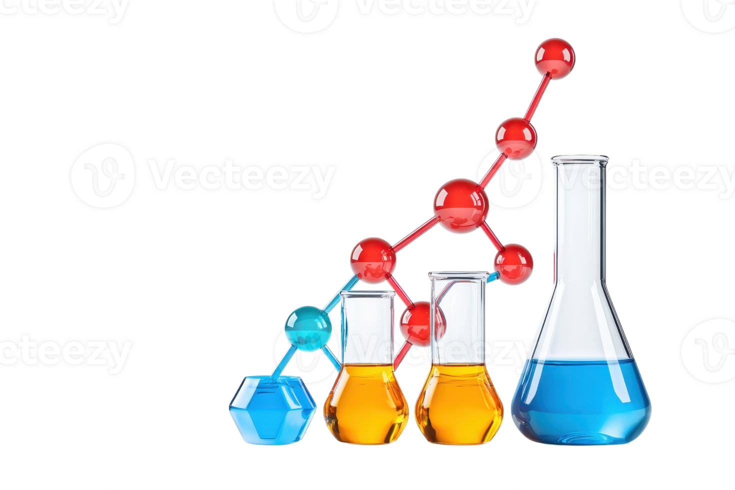 Various laboratory glassware filled with colorful liquids, illustrating chemical analysis and molecular structure. png
