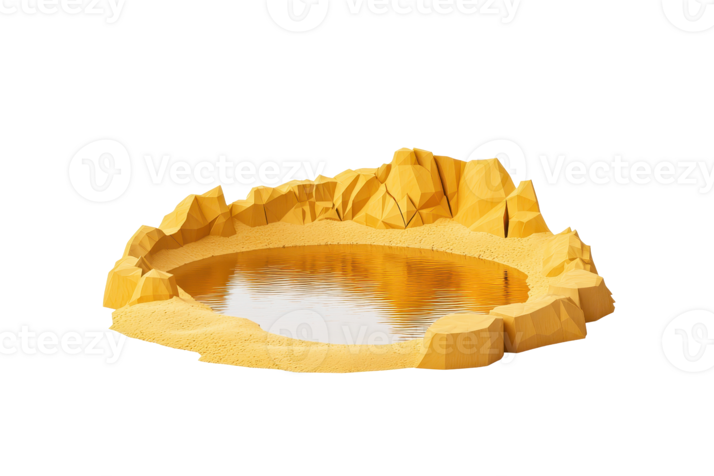 A vibrant, yellow rock formation encircles a reflective body of water, creating a striking natural scene. png