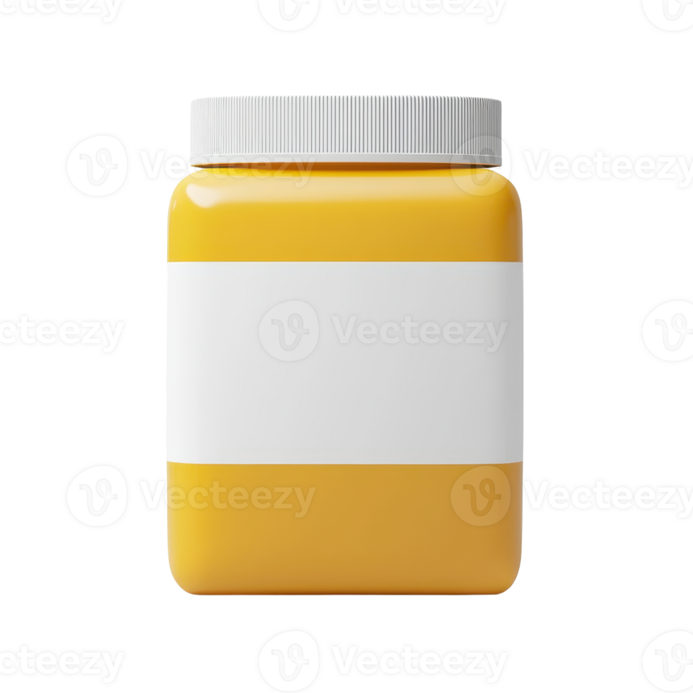 A bright yellow jar with a white label and a gray lid, designed for packaging various products. png