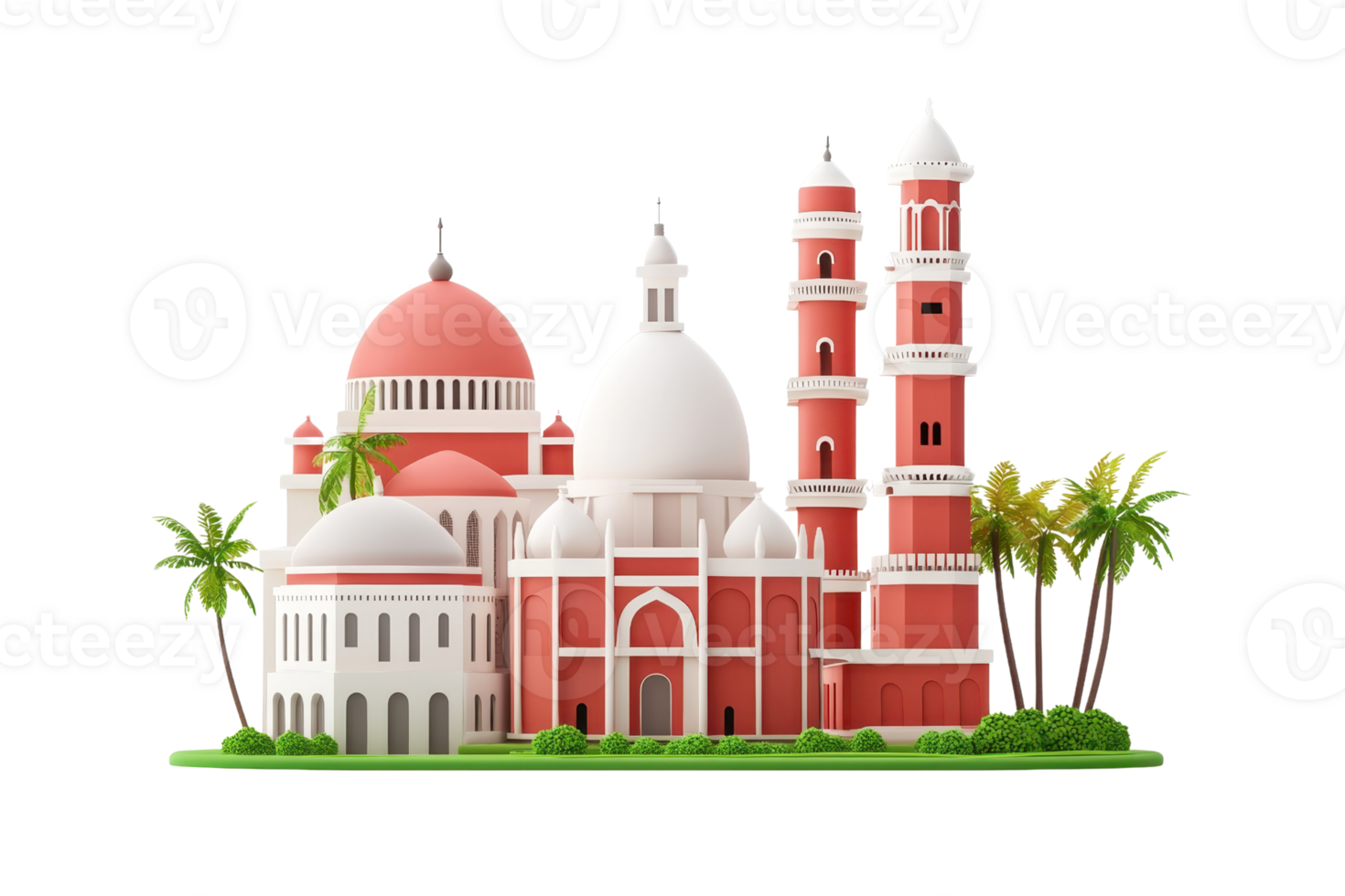 A colorful architectural structure with domes, towers, and palm trees, showcasing a blend of traditional and contemporary design elements. png