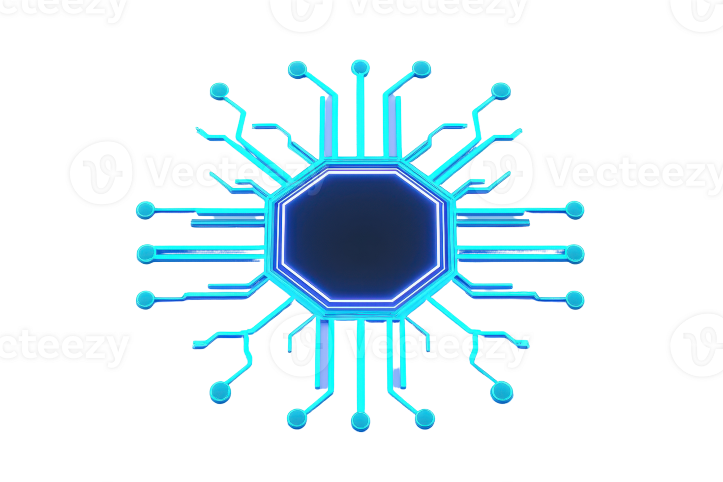A stylized microchip design with radiating circuits, featuring a central octagonal shape highlighted by glowing blue elements. png