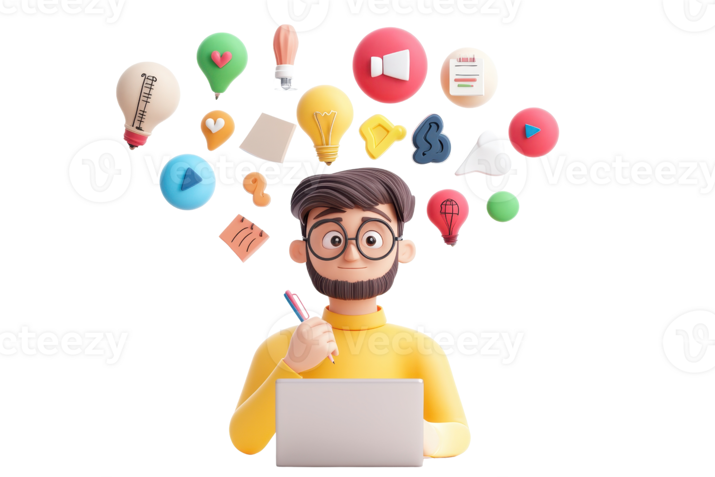 A thoughtful character in a yellow sweater engages with a laptop, surrounded by various colorful icons symbolizing ideas and creativity. png