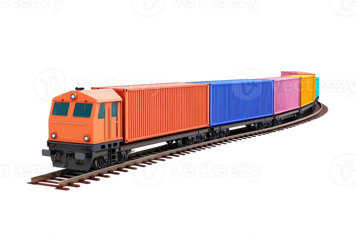 A colorful freight train with multiple containers is shown on curved tracks, showcasing its cargo capacity and vibrant design. png