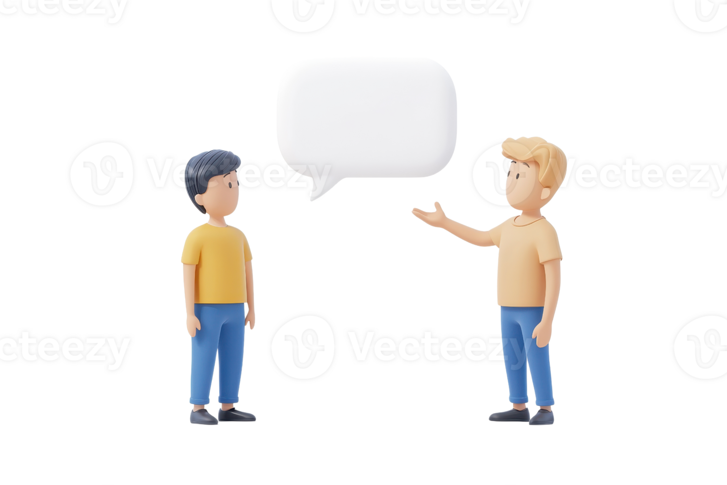 Two animated characters engaged in conversation, with one gesturing and a speech bubble above them. png