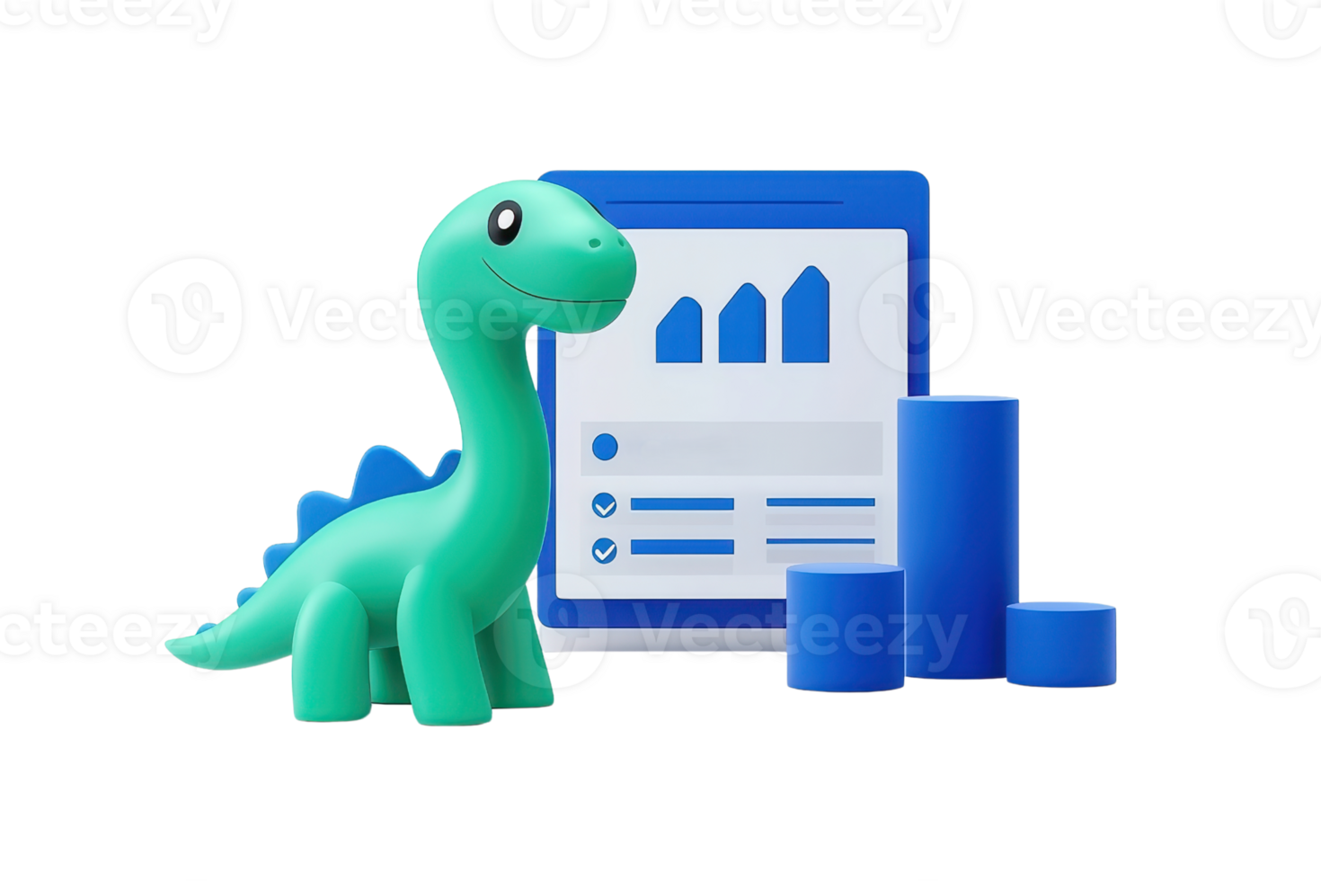 A playful green dinosaur figure stands beside a chart displaying various data metrics. png