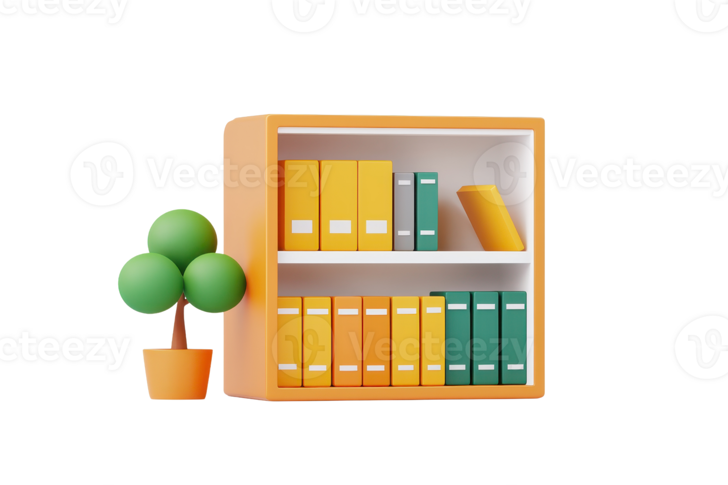 A colorful bookshelf featuring neatly arranged books of various sizes alongside a small decorative potted plant. png