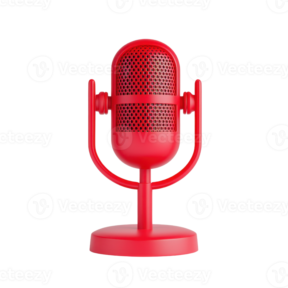 A vibrant red microphone with a classic design, featuring a mesh grille and a sturdy stand, ideal for recording and broadcasting. png
