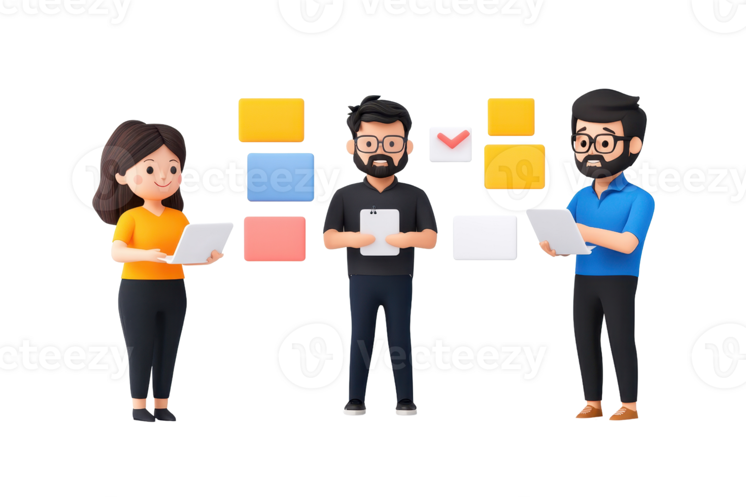 Three cartoon characters engage in discussion, holding papers and surrounded by colorful blocks representing ideas or notes. png